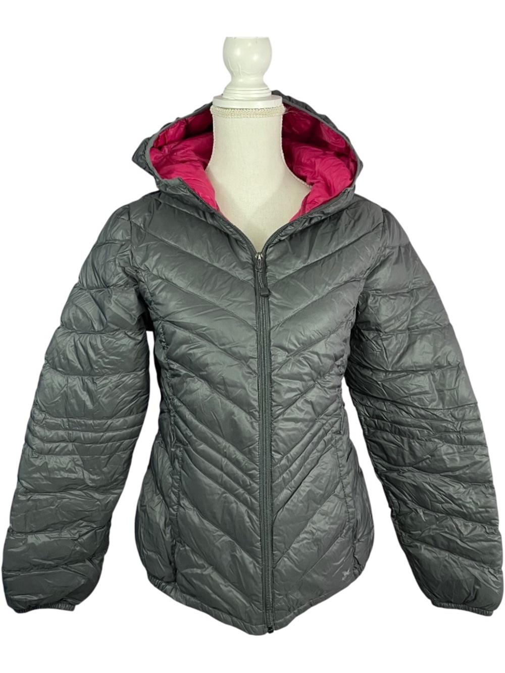 Packable Down Hooded Puffer Jacket S Feathers Xersion Gray Chevron Lightweight